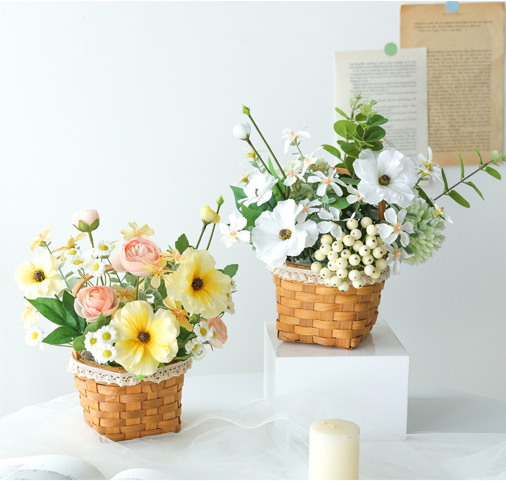 Flower Arrangements with Rattan Basket Artificial Flowers with Vase ...