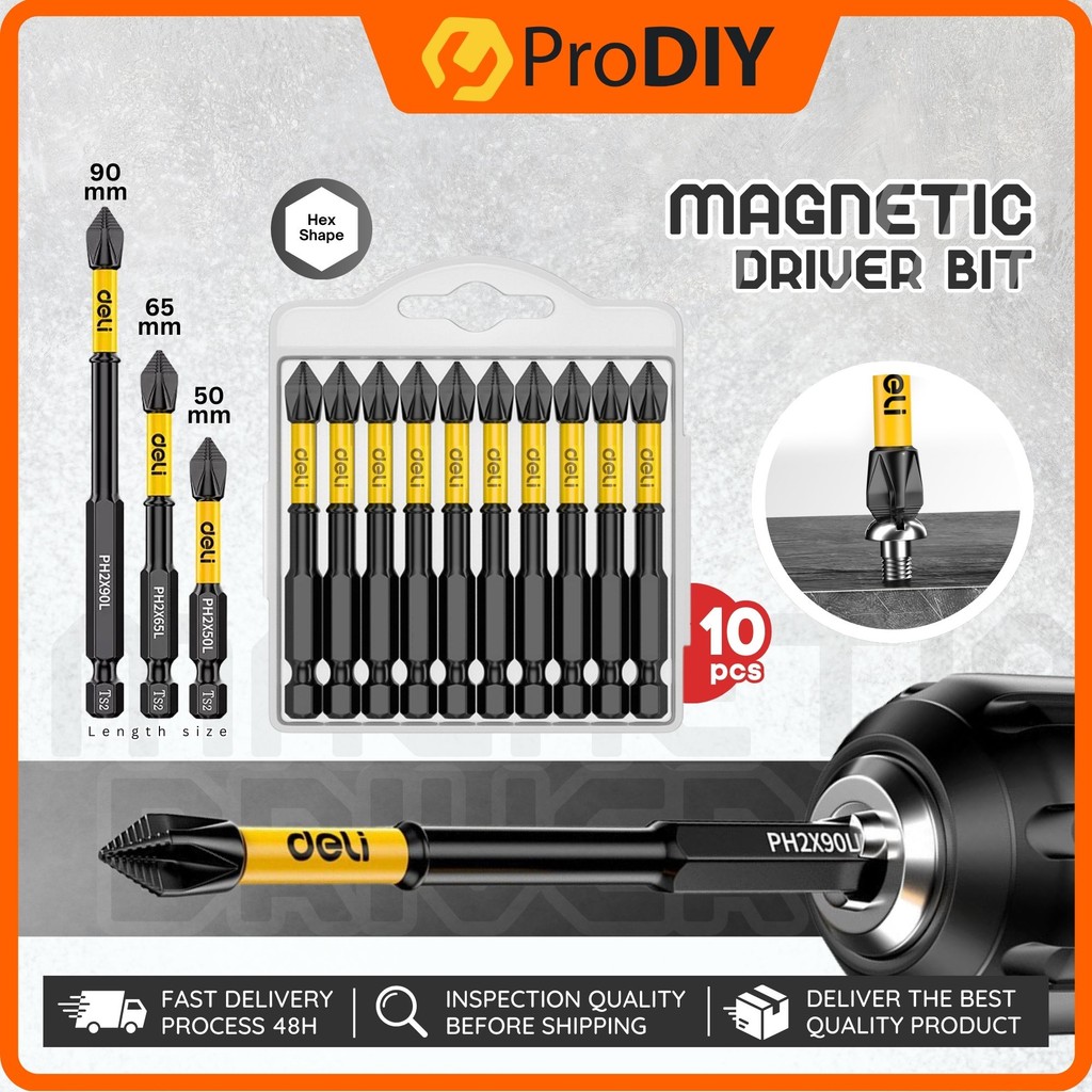 DELI 50/65/90mm 10pcs Hex Shank Magnetic Driver Bit Set Hexagon Anti ...