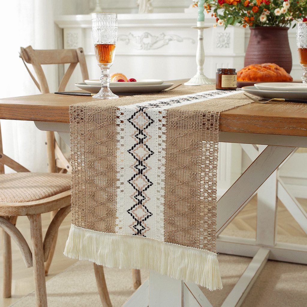 Table Mat American Retro Cotton and Linen Woven Tassel Table Runner ...