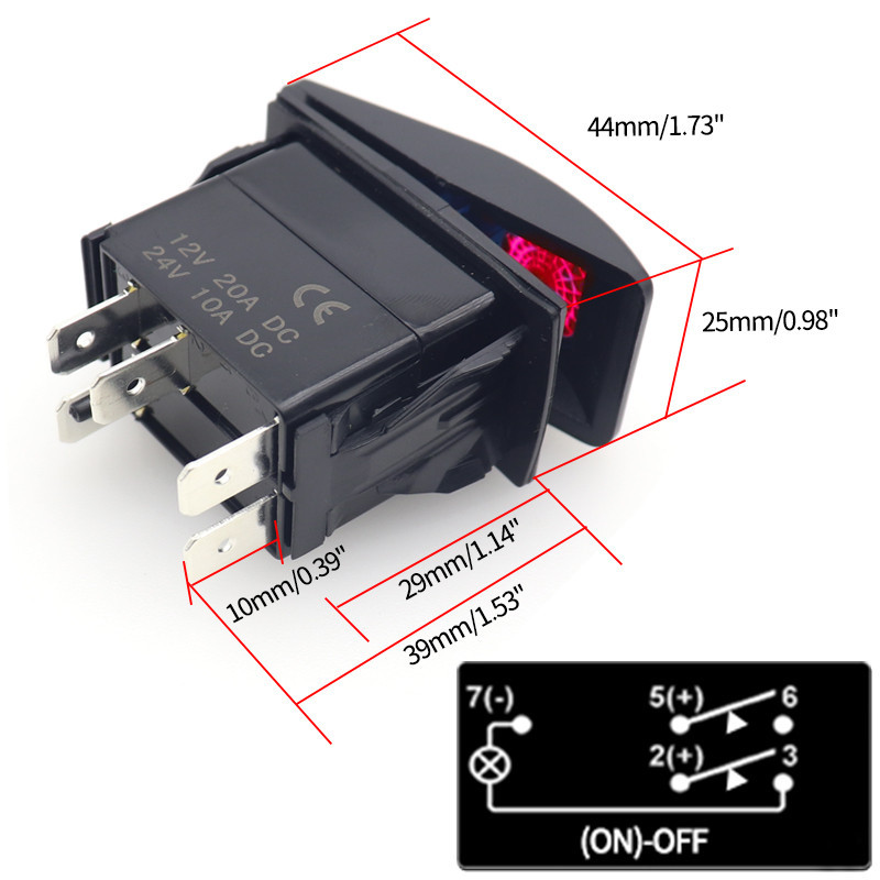 5pin Red LED Light Rocker Switches 20A/12V 10A/24V on/Off Toggle ...