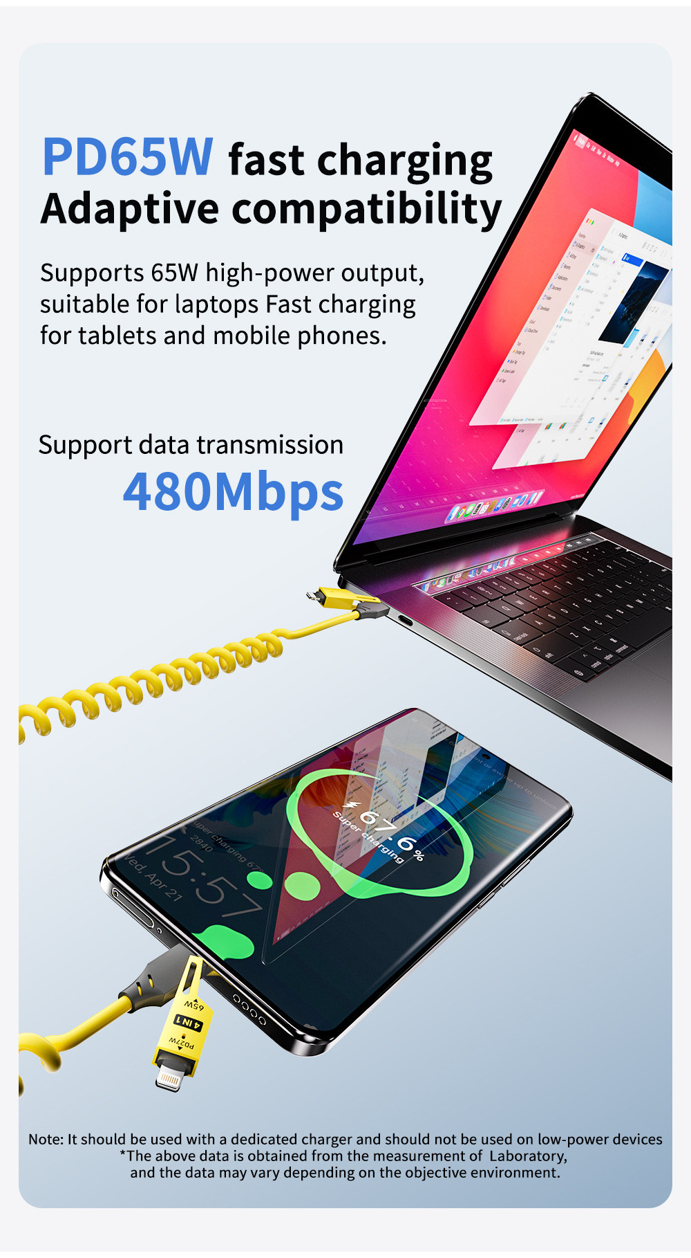 4 in 1 Zinc Alloy Shell Spring Telescopic Usb cable 65W Fast Charging ...