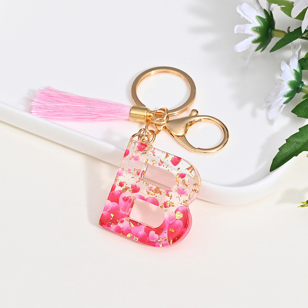 A-Z Pink Letter Keychain With Butterfly Tassel Alphabet Keyring Crystal ...