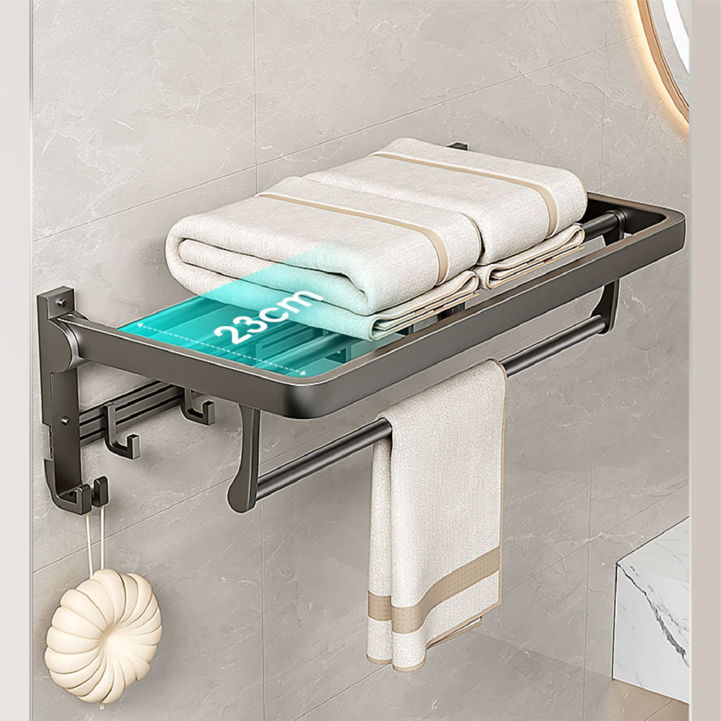 [60CM] GUN GREY Bathroom Wall Mount Foldable Towel Rack Shelf Bar ...