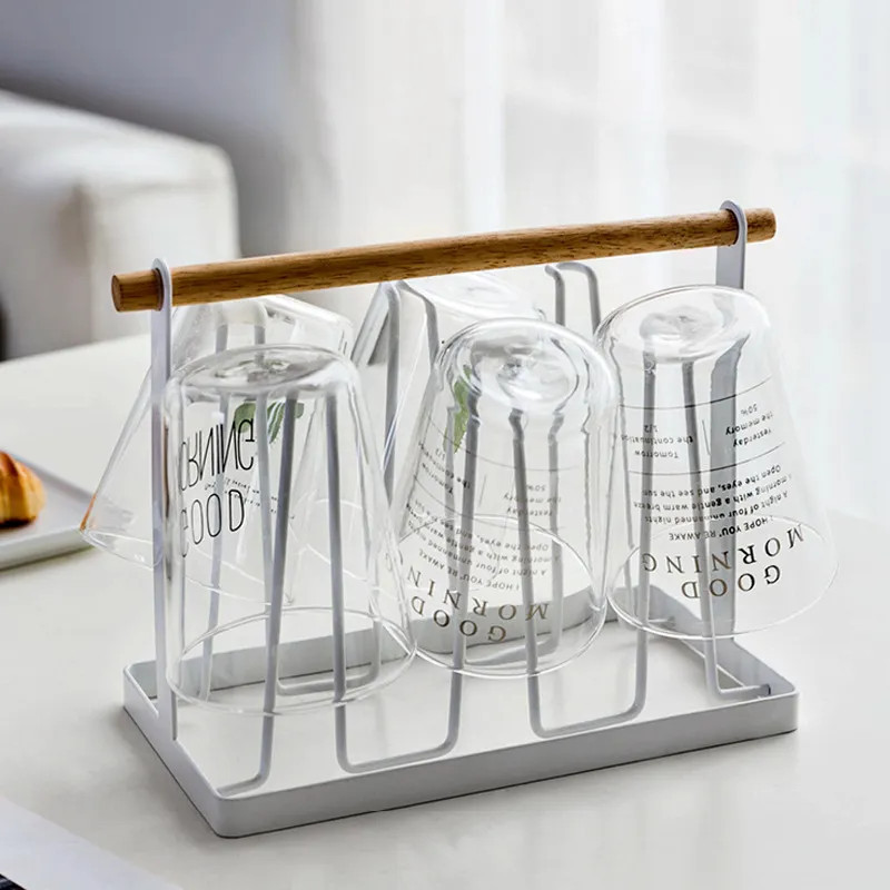 6 Cups Mug Glass Stand Cup Holder Wooden Handle Cup Holder Rack Kitchen ...