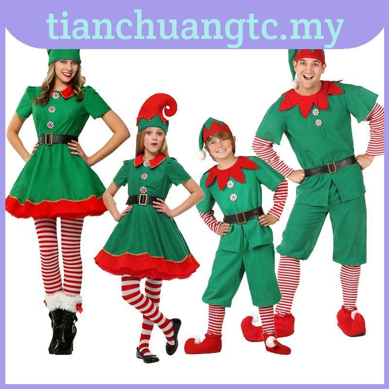 Adult Kids Christmas Cosplay Green Elf Santa Claus Family Costume Christmas Shopee Malaysia