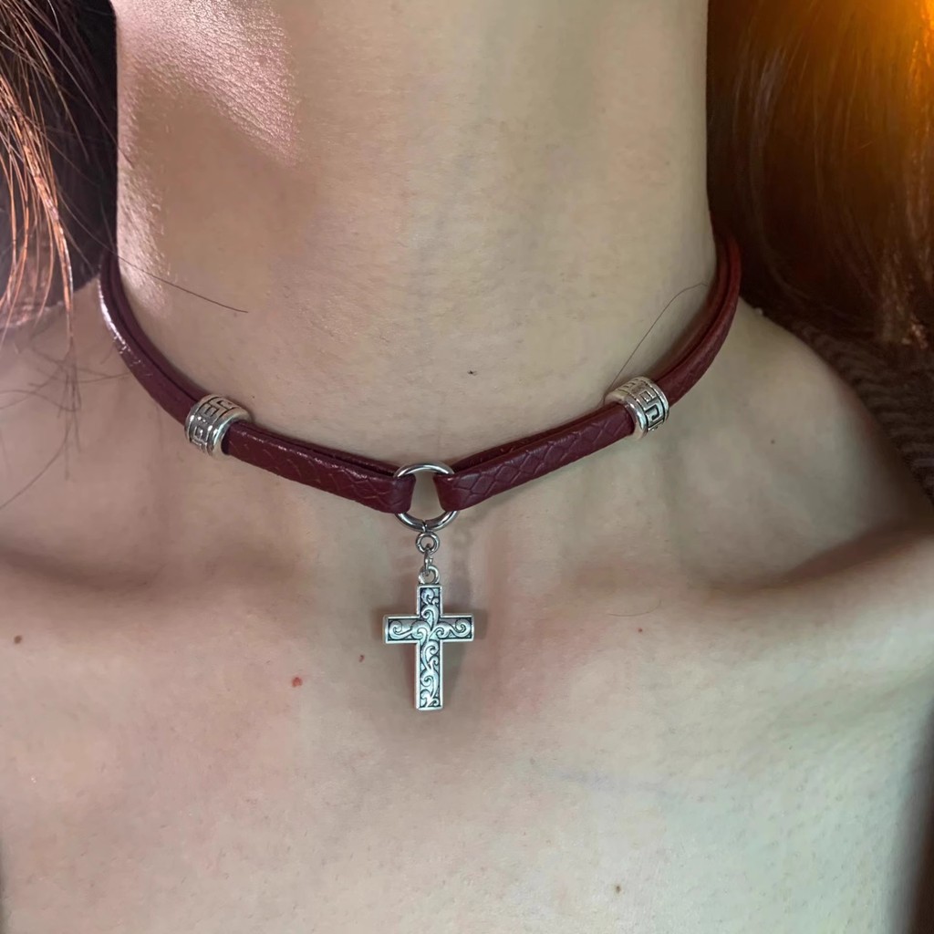 Thin Steel & Brown Leather Pendant Necklace