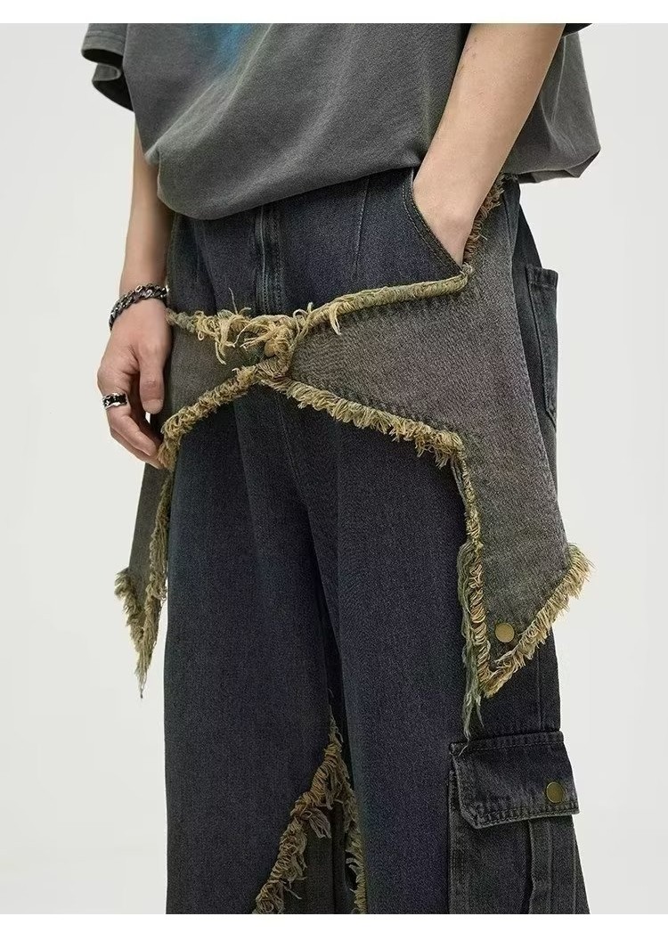 Trendy Color Contrast Splicing Star Denim Pants
