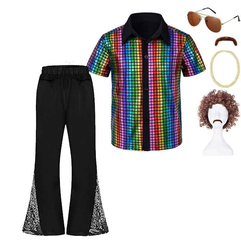 JerrisApparel 70s Kids Disco Costume - Retro Hip Hop Outfit With Shirt, Pants, Wig, Glasses - View #4