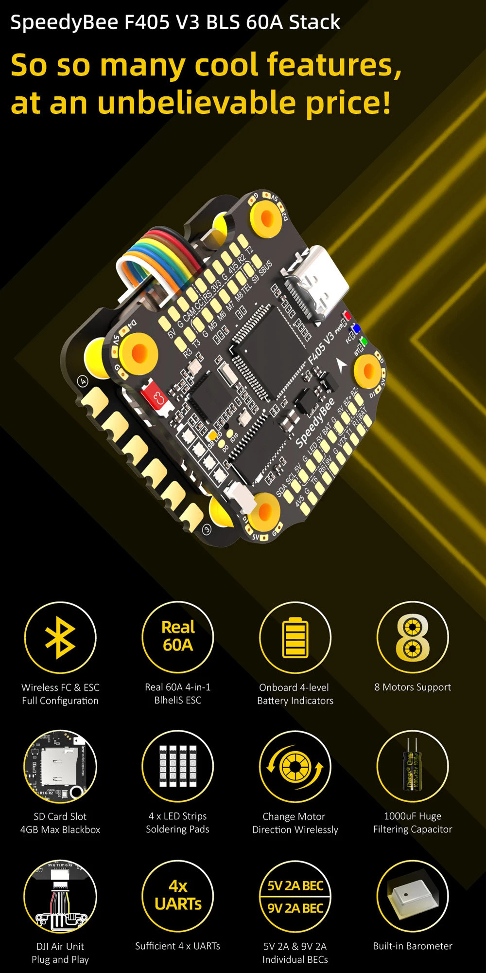 Speedybee F405 V3 60A 30*30 FC&ESC Stack BLS 60A 4-in-1 8bit ESC & F405 ...