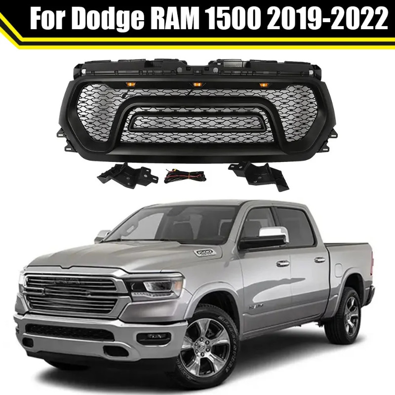 Ikon Motorsports Front Grille, Rebel Style Matte Black, Fits Dodge Ram 1500 2019 2023 Ram 1500 Classic Rebel Style Front Bumper Hood Mesh Grille Gloss Black Matte Black