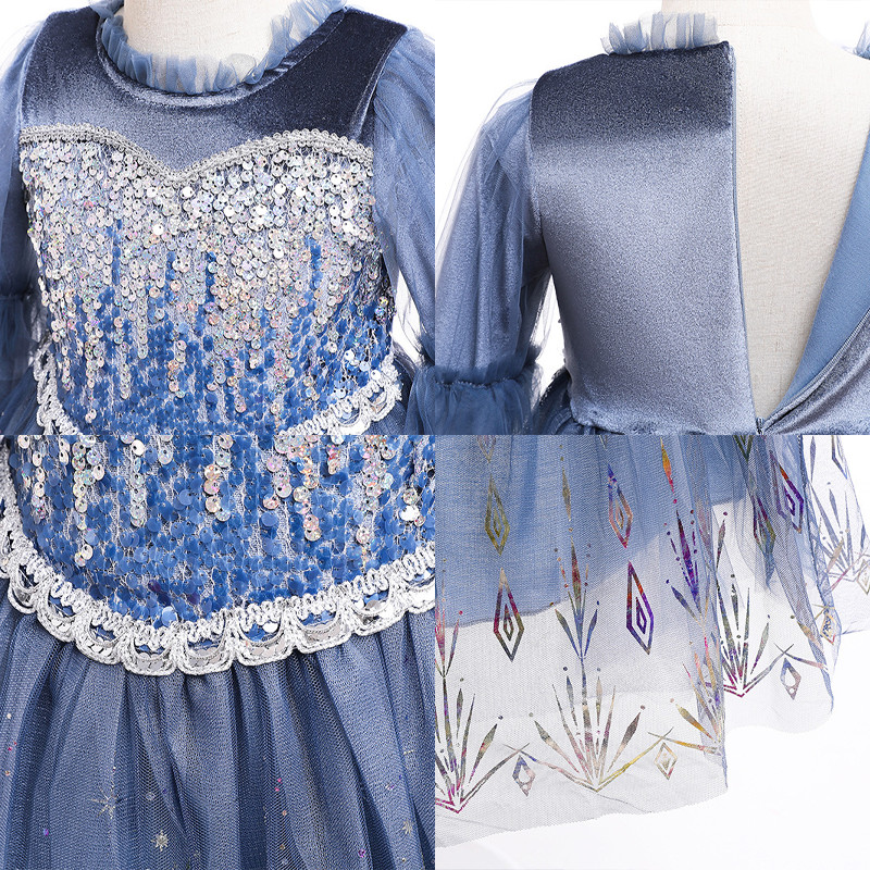 Elsa Princess Blue Dress For Kids Girl Sequined Gown Plush Mesh Frozen ...