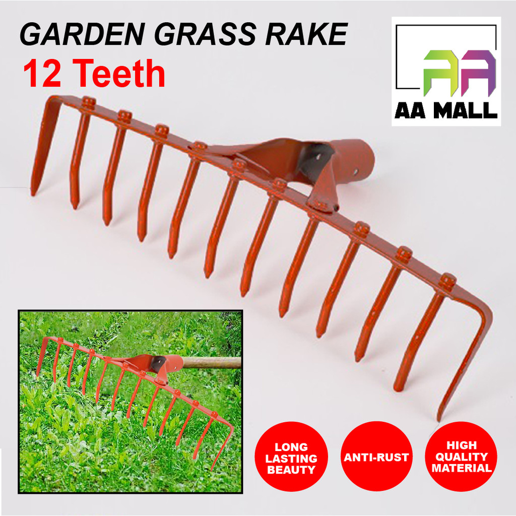 AA MALL HEAVY DUTY 12 TEETH IRON METAL STEEL RED GRASS RAKE CRAWLER ...