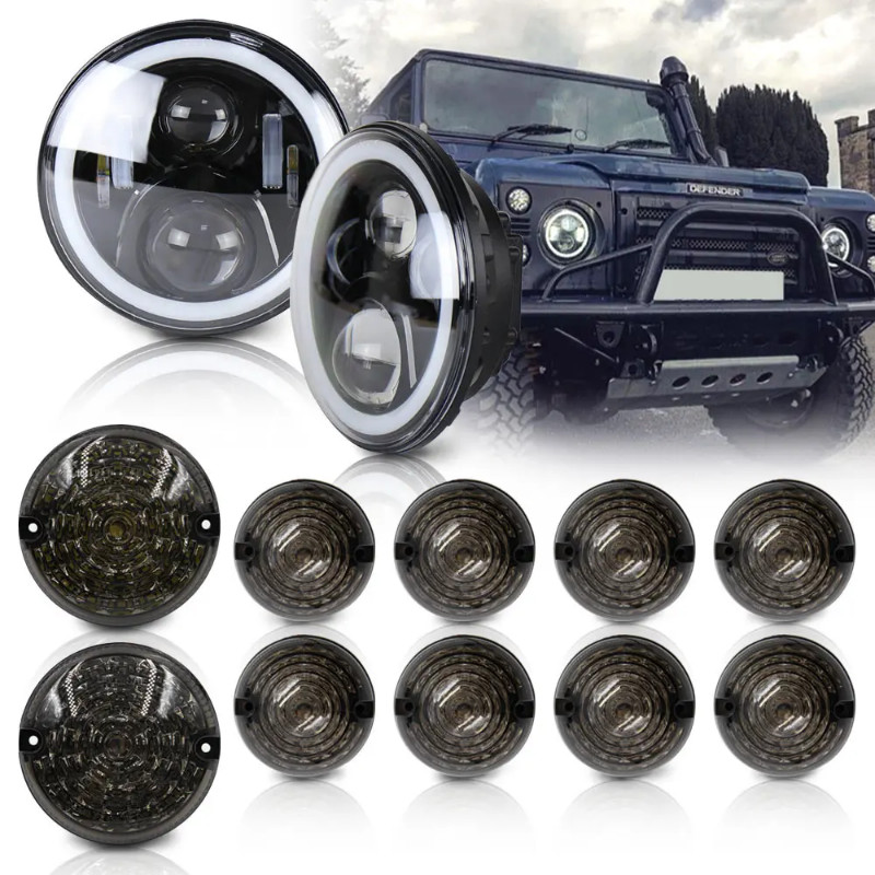 For Land Rover Defender 90/110 Led 7 inch Headlight With Halo Ring+10p ...