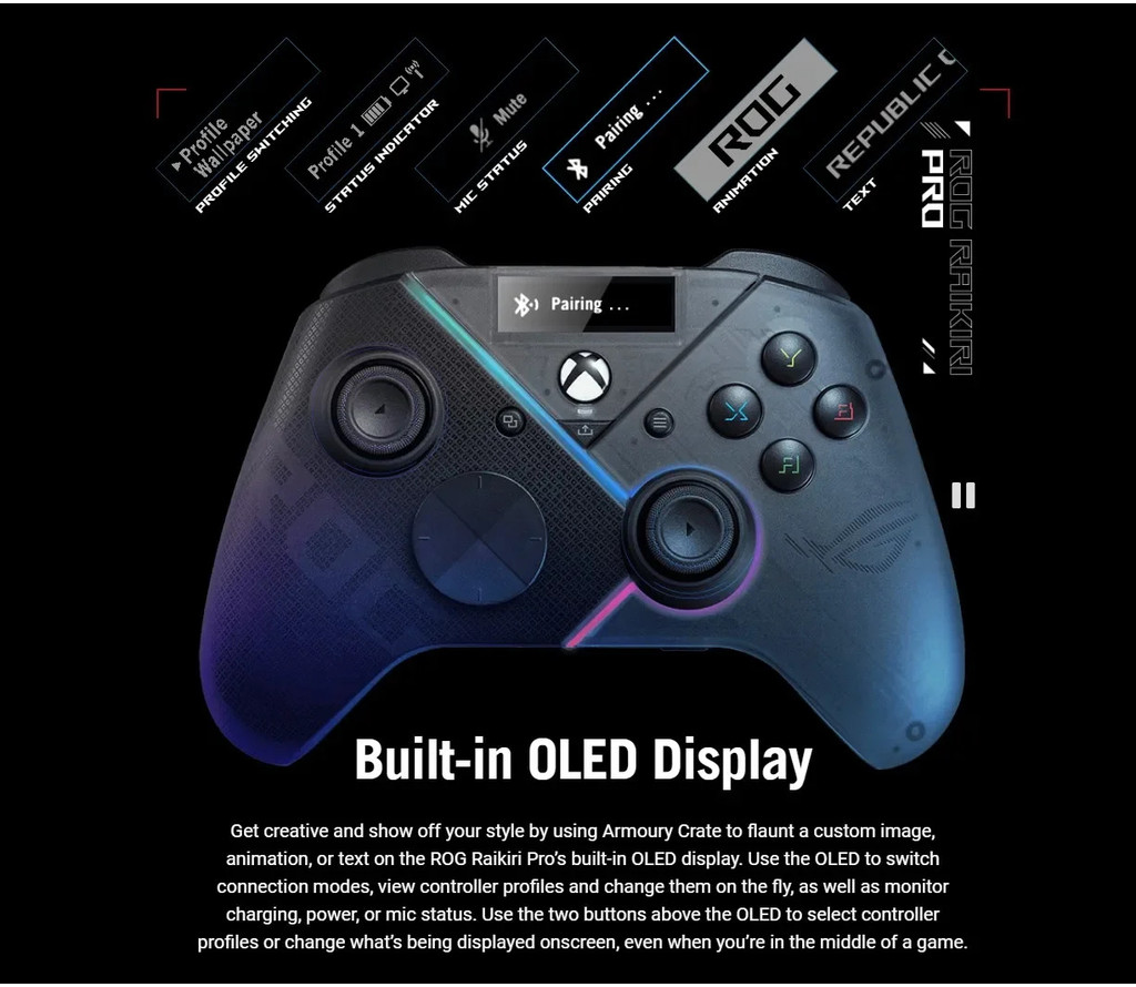 ASUS ROG Raikiri Pro PC Game Controller OLED Display, 4 Rear Buttons ...