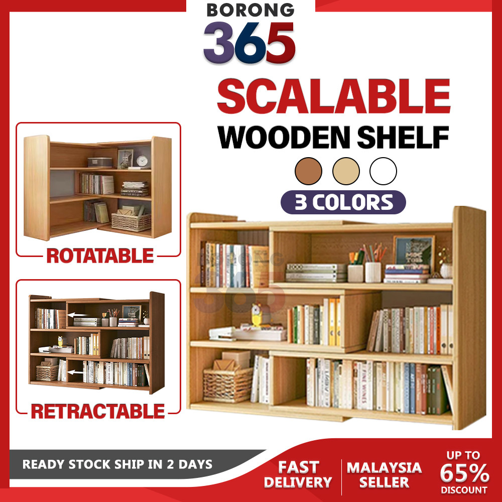 Borong365 Wooden Scalable Shelf Rak Buku Kayu Storage Rack Kabinet ...