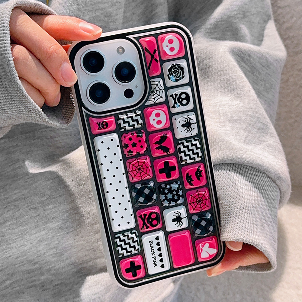 INS Cartoon Skull Pattern 3D Keyboard Phone Case for iPhone 16 15 14 11 ...