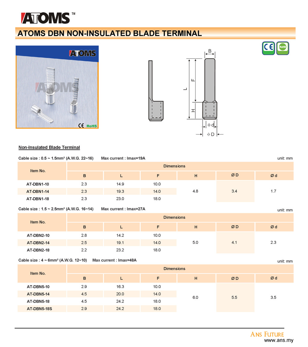 【100pcs】ATOMS DBN Non Insulated Blade Terminal Flat Pin Lug Copper Lug ...