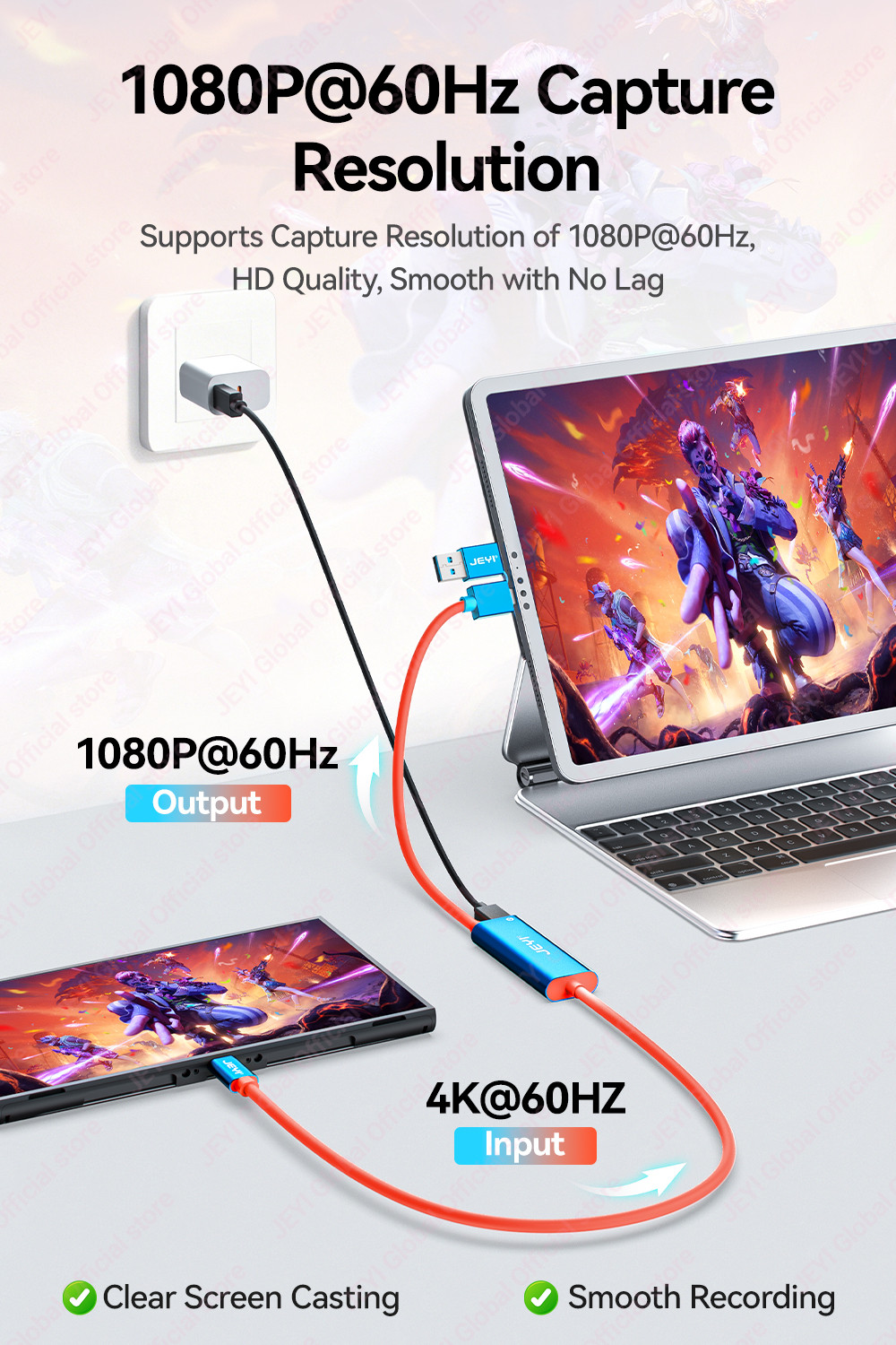 JEYI Video Capture Card with 100W PD USB C to USB A/C Live and Record ...