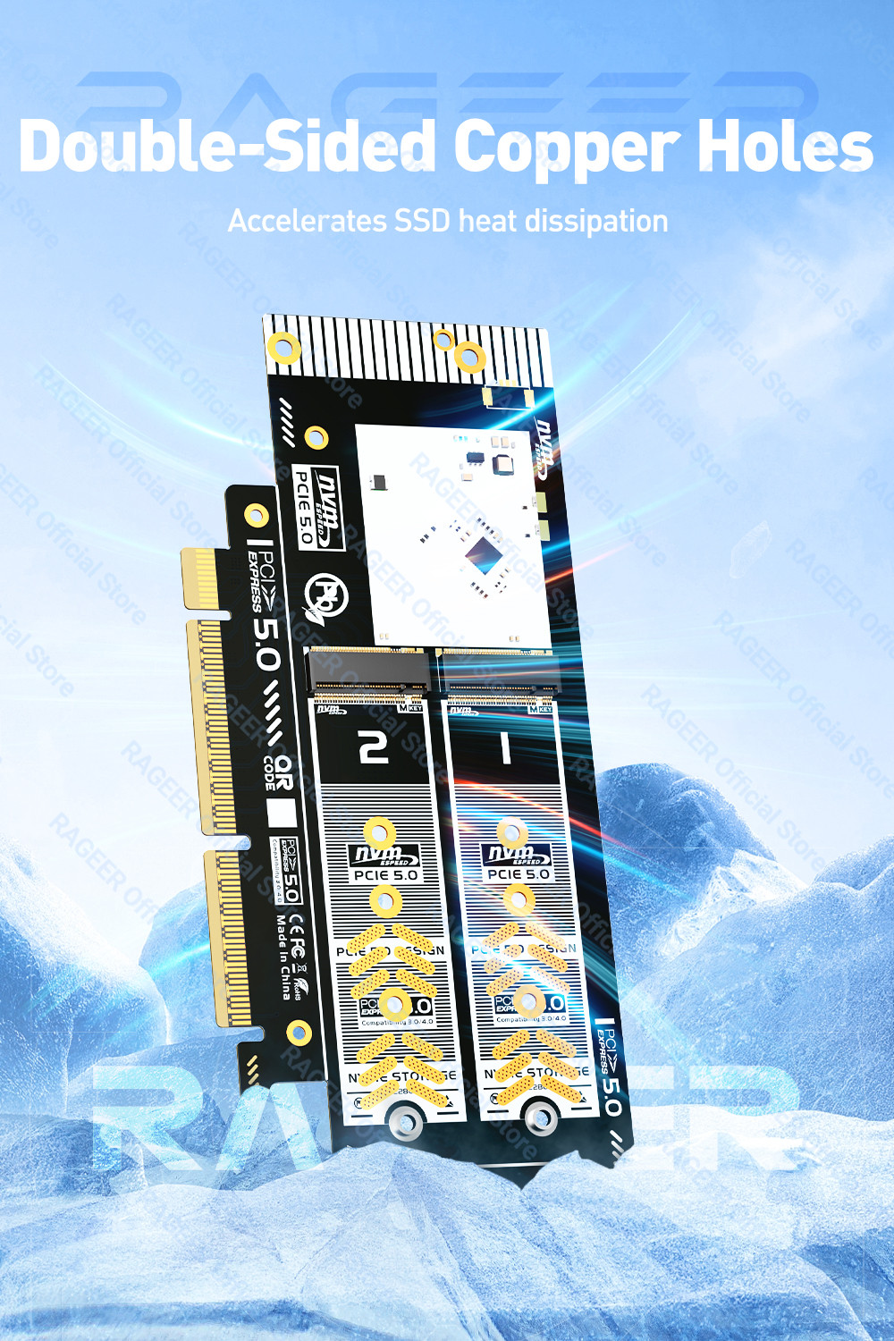 RAGEER PCIe 5.0 to Dual M.2 NVMe X16/X8 Adapter Extension Riser Card ...