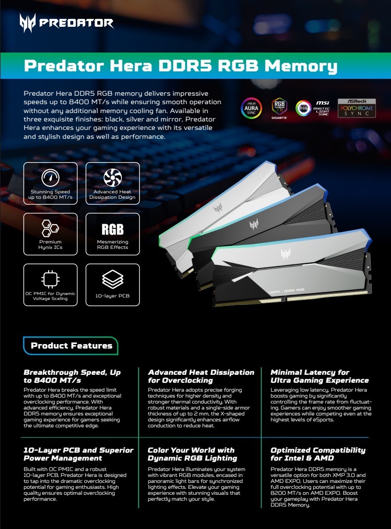 Acer Predator Hera DDR5 RAM 48GB 96GB 192GB 6000MHz 8200MHz RGB ...