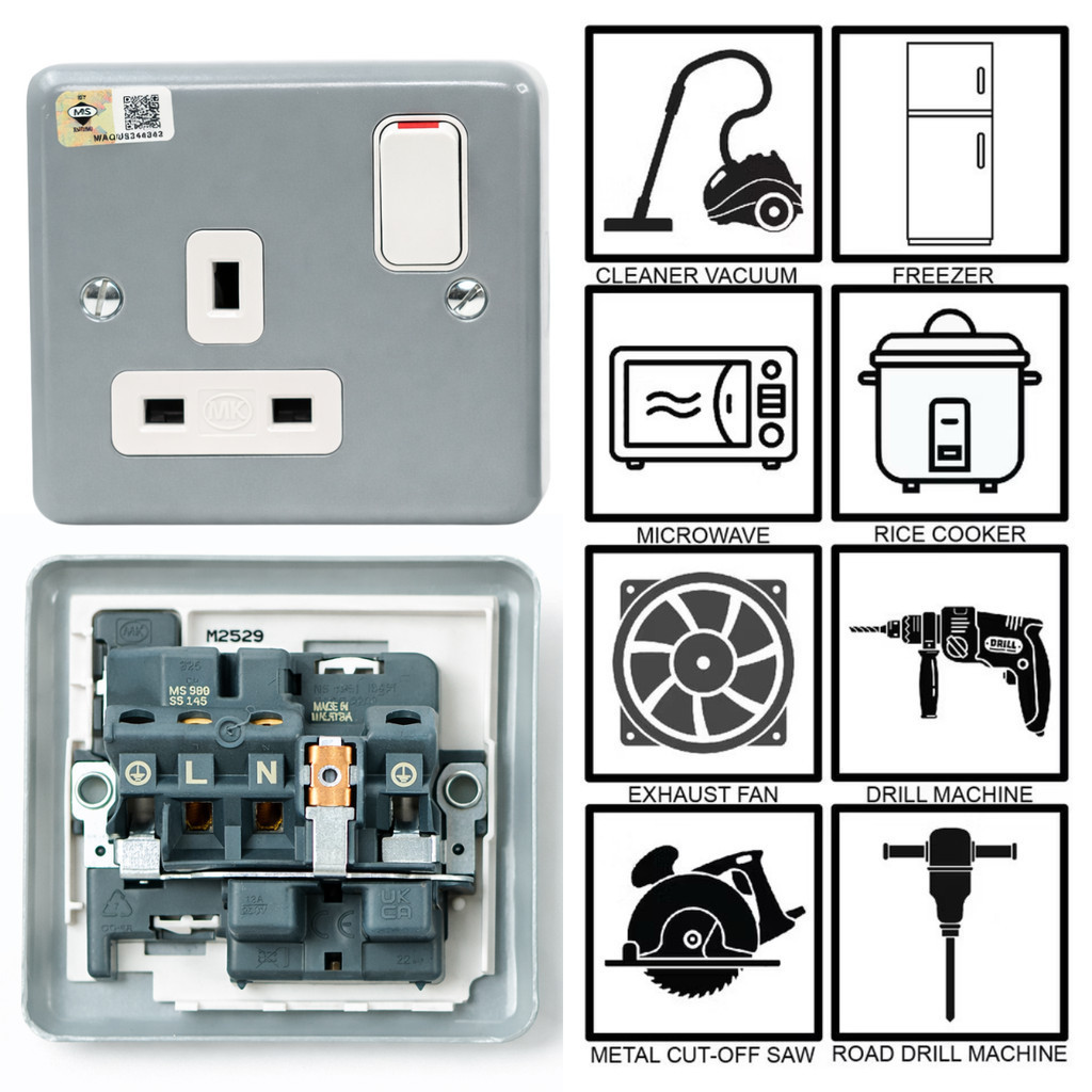 MK K2977 K2946 1Gang/2Gang Metal Clad 250V 13A Electric Power Socket ...