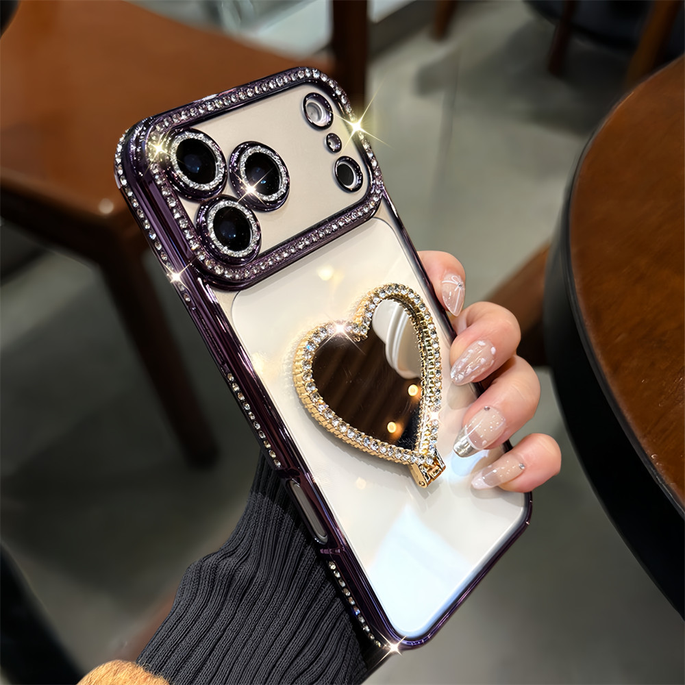 Flash Diamond Love Mirror Stand Phone Case for iPhone 18 Pro Max 17 16 ...