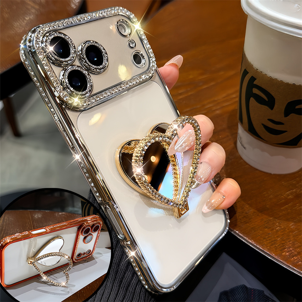 Flash Diamond Love Mirror Stand Phone Case for iPhone 18 Pro Max 17 16 ...
