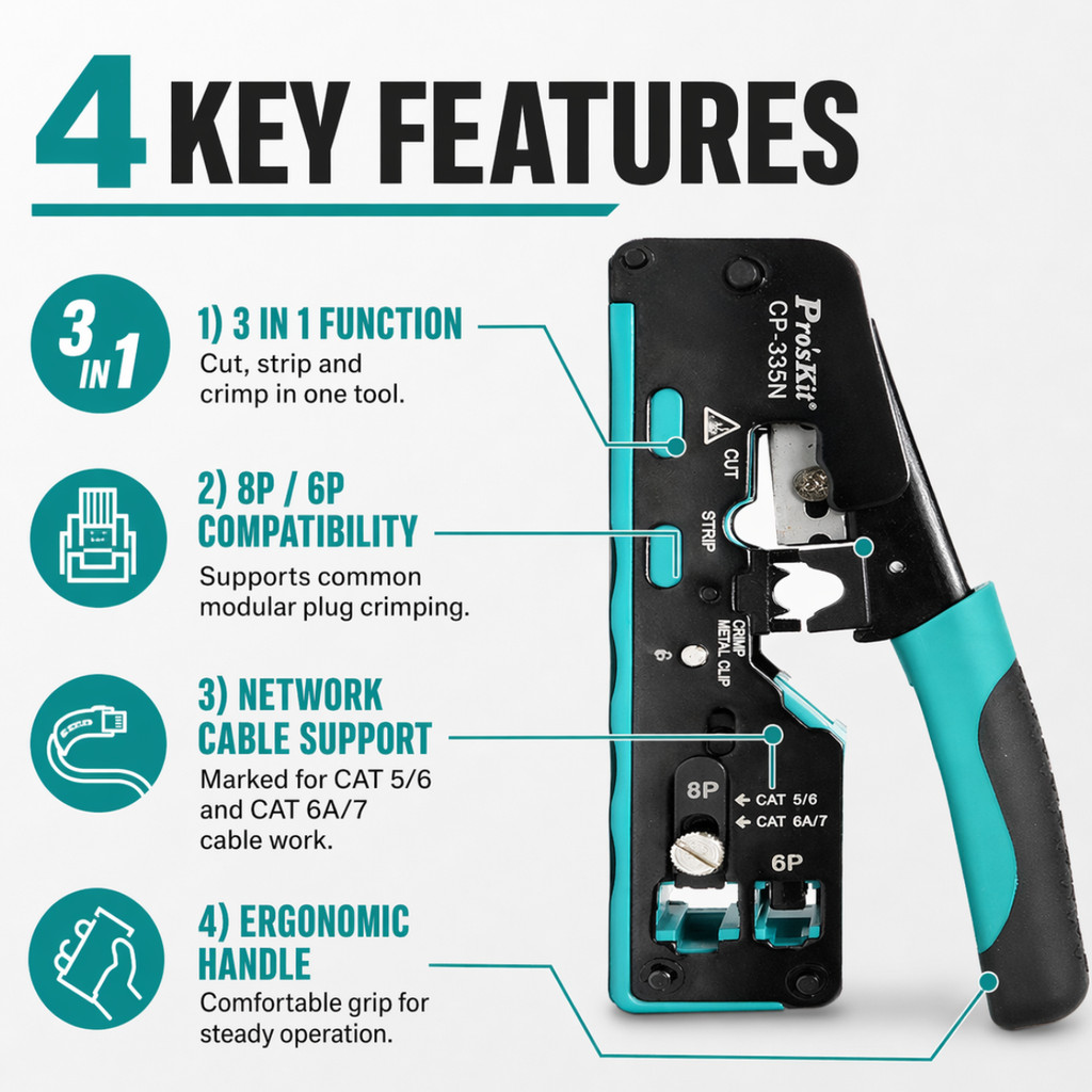 Pro'sKit CP-335N Network Crimper RJ45 Connectors / Telecom Modular ...