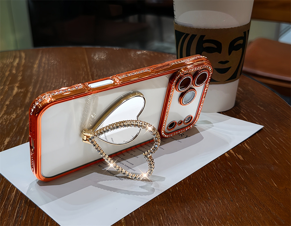 Flash Diamond Love Mirror Stand Phone Case for iPhone 18 Pro Max 17 16 ...