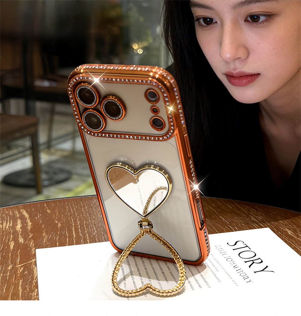 Flash Diamond Love Mirror Stand Phone Case for iPhone 18 Pro Max 17 16 ...