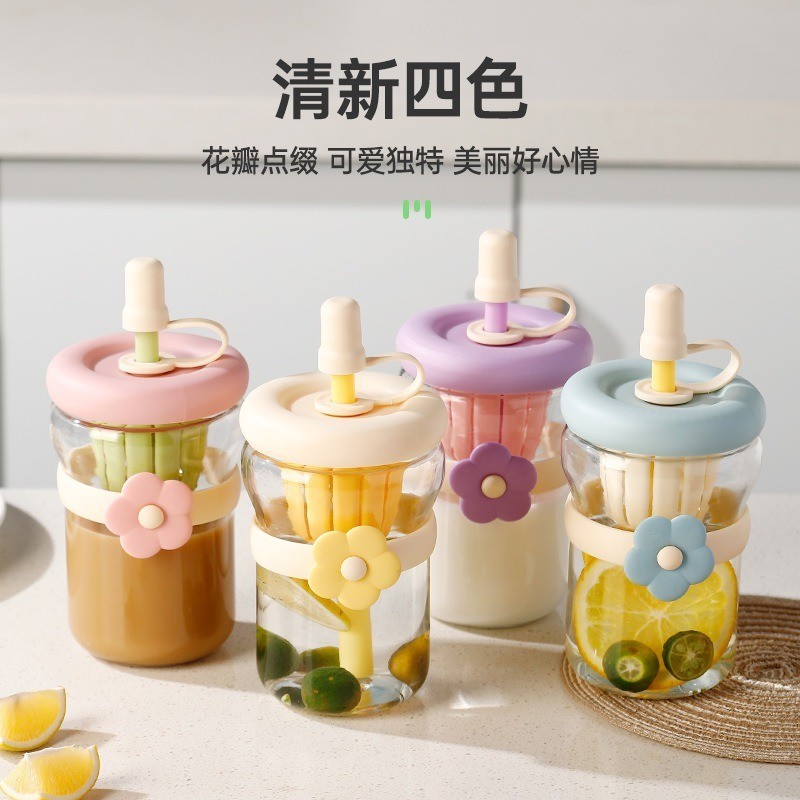 Cawan Air Kaca Corak Bunga Cute Flower Design Macaroon Glass Cup with ...