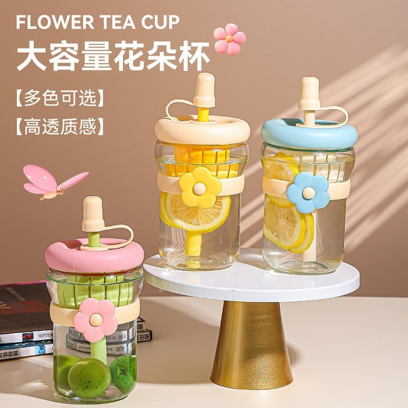 Cawan Air Kaca Corak Bunga Cute Flower Design Macaroon Glass Cup with ...