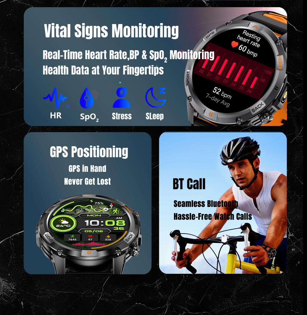 New Military GPS Positioning SmartWatch Men Run RIDE Fitness LED ...