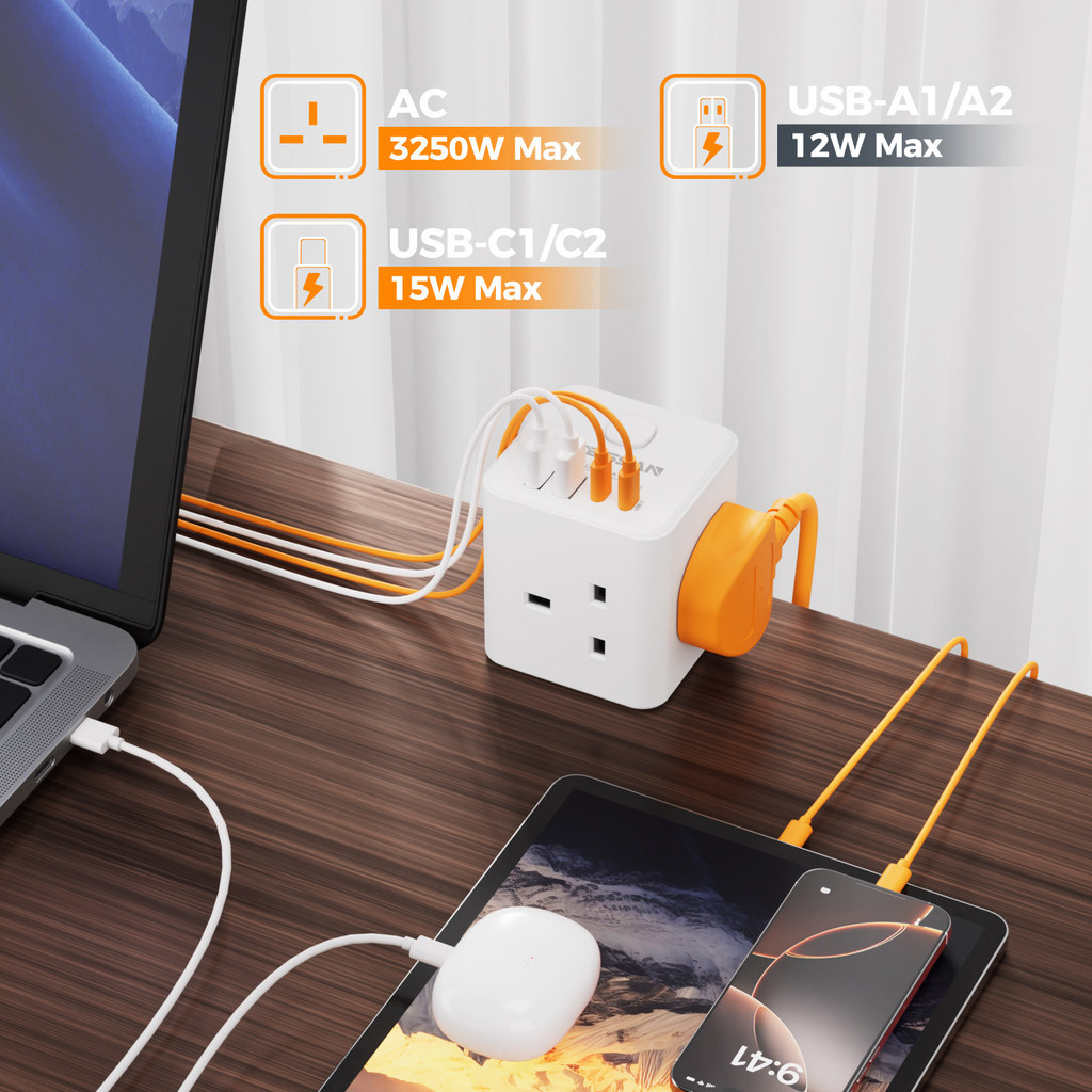 TESSAN Cube Socket Multi Plug Extension Plug Adapter Type C and Swtich ...
