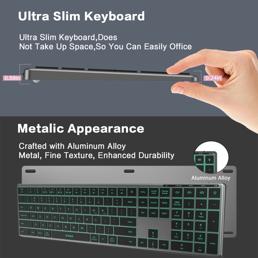 JOMAA Aluminum Alloy Full Size Wireless Keyboard RGB Backlit USB ...