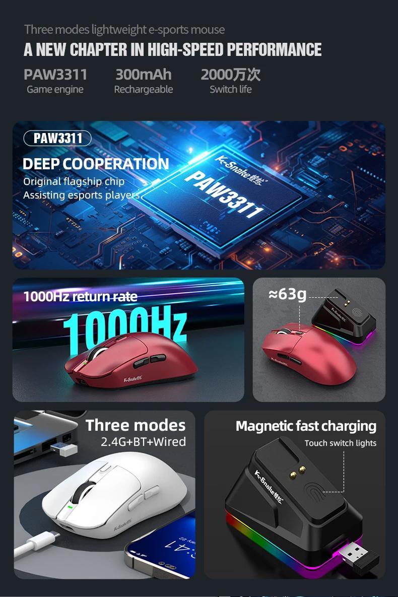 X11 Por Wireless Charging Gaming Mouse PAW3311 Sensor 3-Mode Connection ...