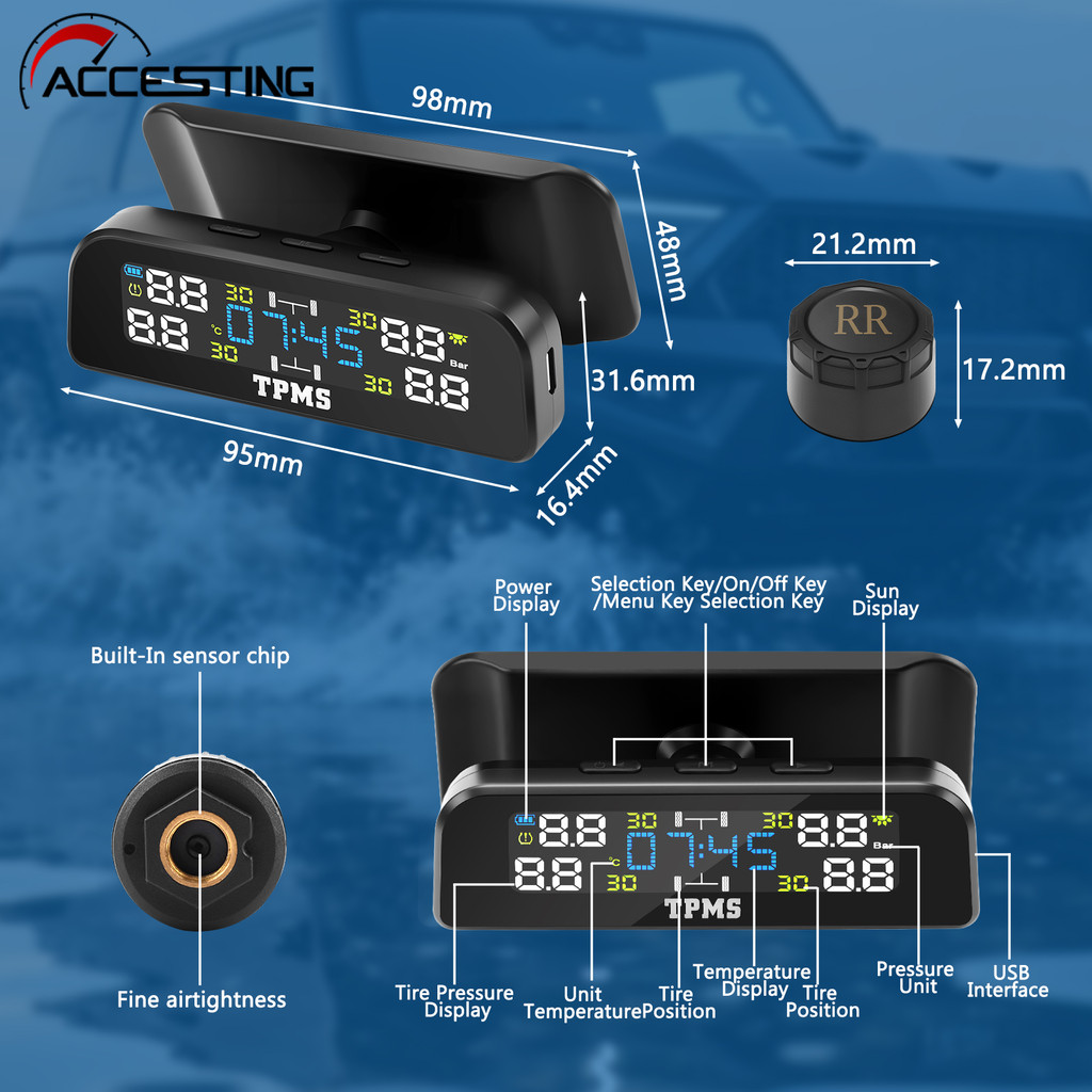 Smart car TPMS tire pressure monitoring system solar digital clock LCD ...