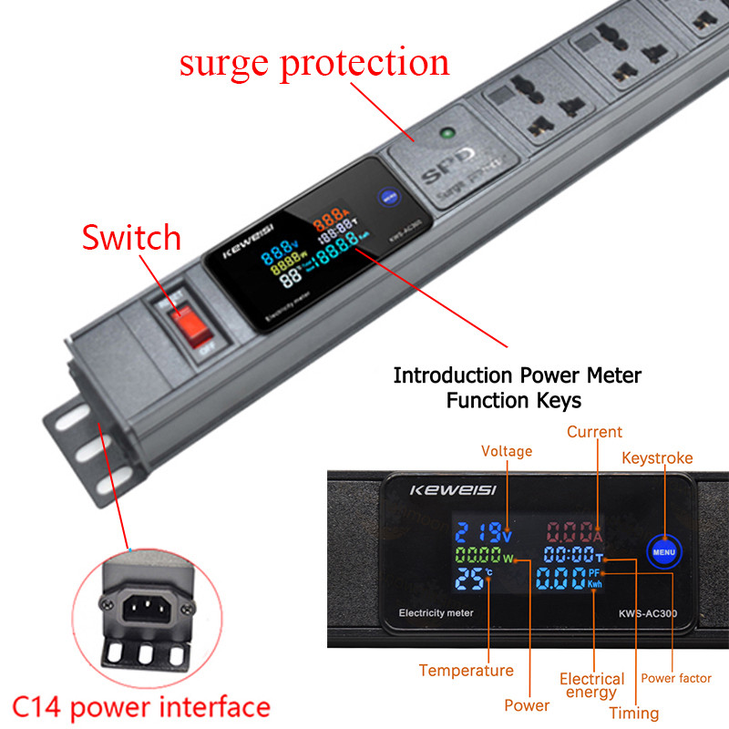 C14 input PDU power strip, 2-13Ways universal hole socket distribution ...