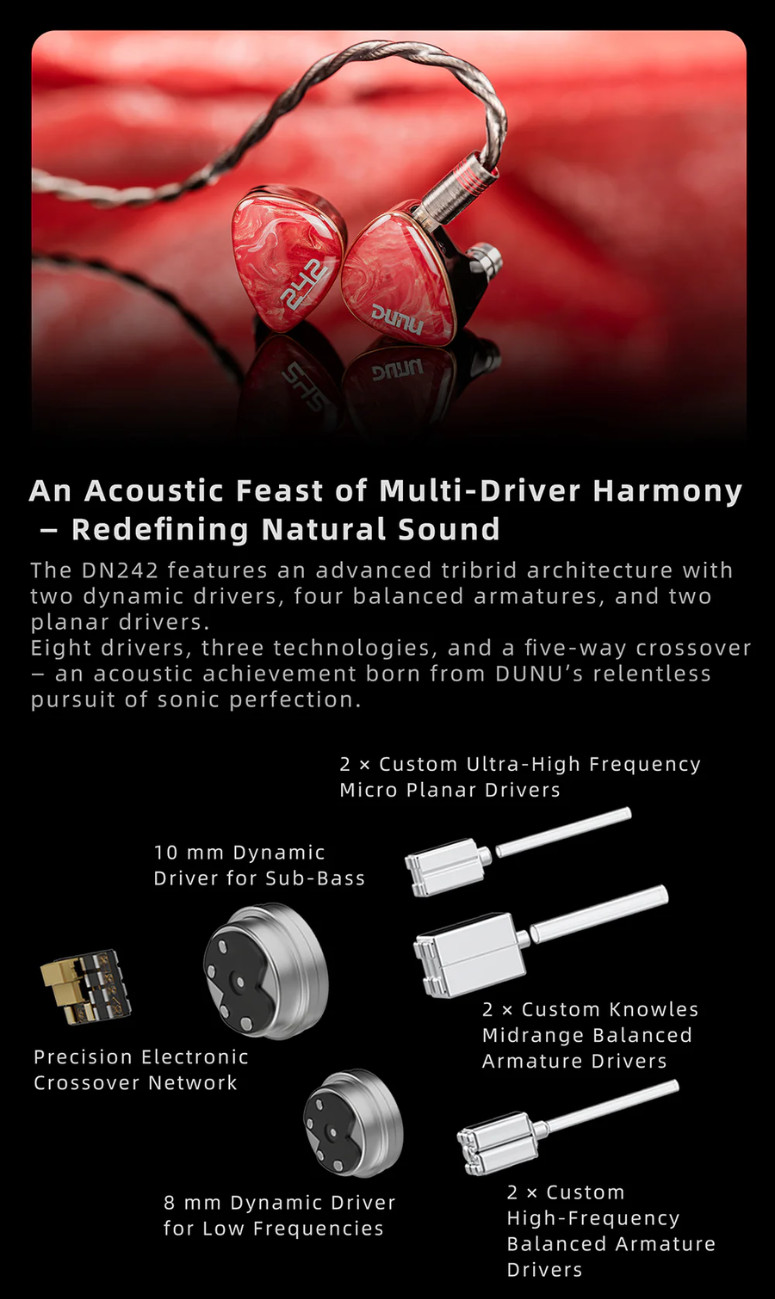 DUNU DN-242, In-Ear Monitors: 2DD+4BA+2 Planar 8-Driver Tribrid 5-Way ...
