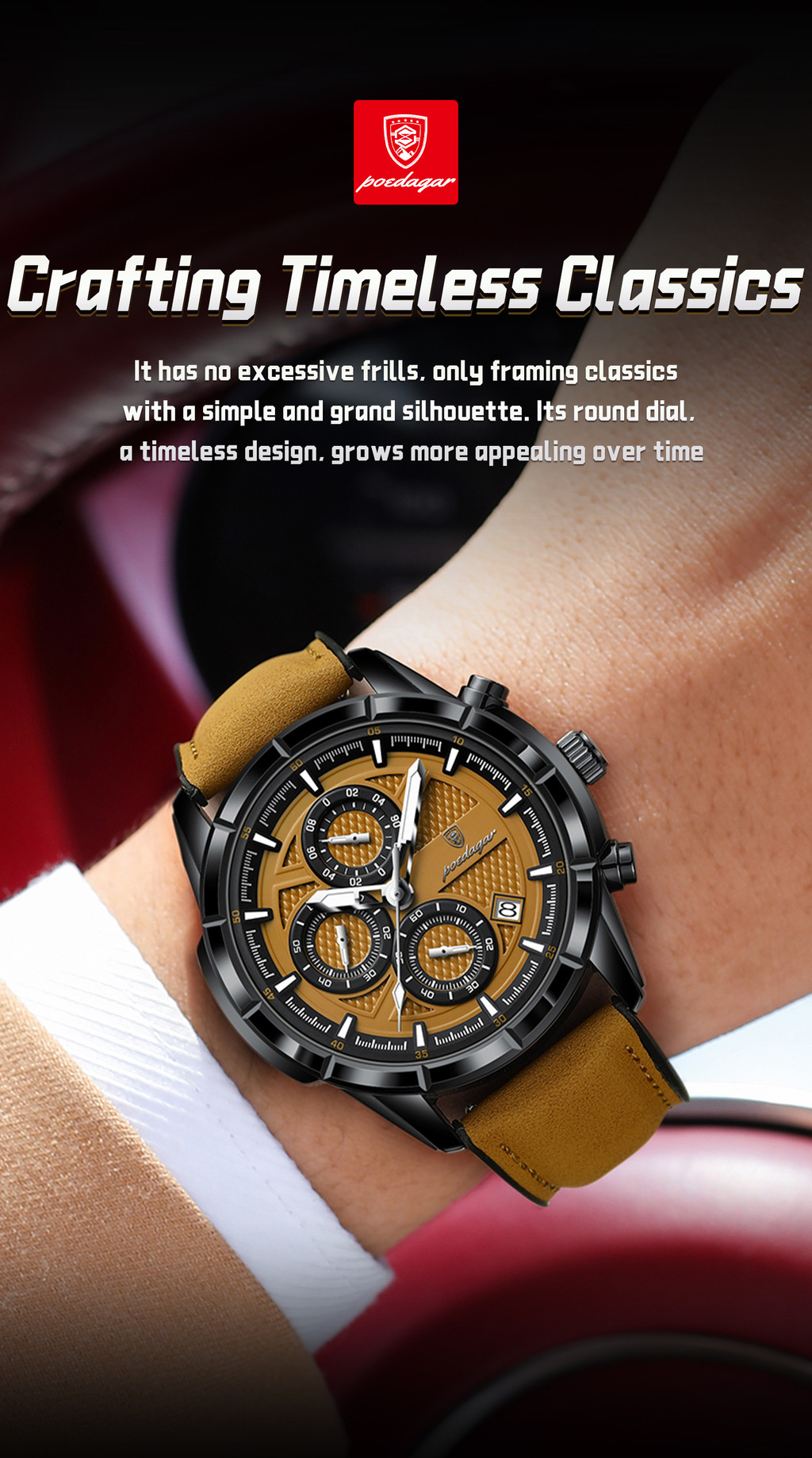 POEDAGAR Watch, Luxury Top Leather Date Chronograph Waterproof Night ...