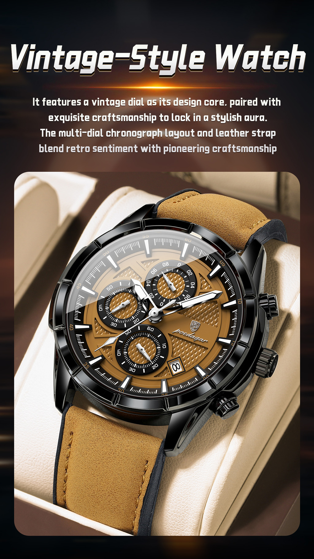 POEDAGAR Watch, Luxury Top Leather Date Chronograph Waterproof Night ...