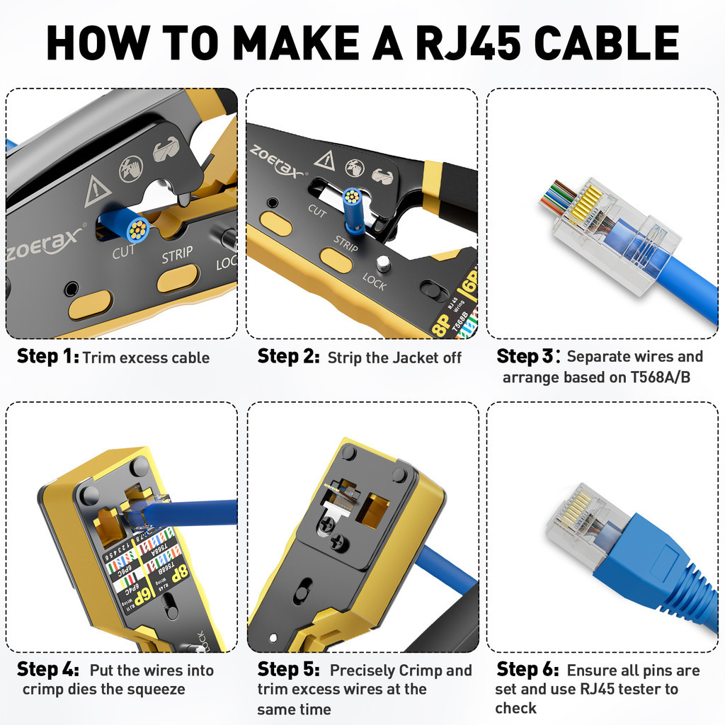 COD RJ45 Crimp Tool Kit with Cable Tester – Cat6 Cat5e Ethernet, RJ11 ...