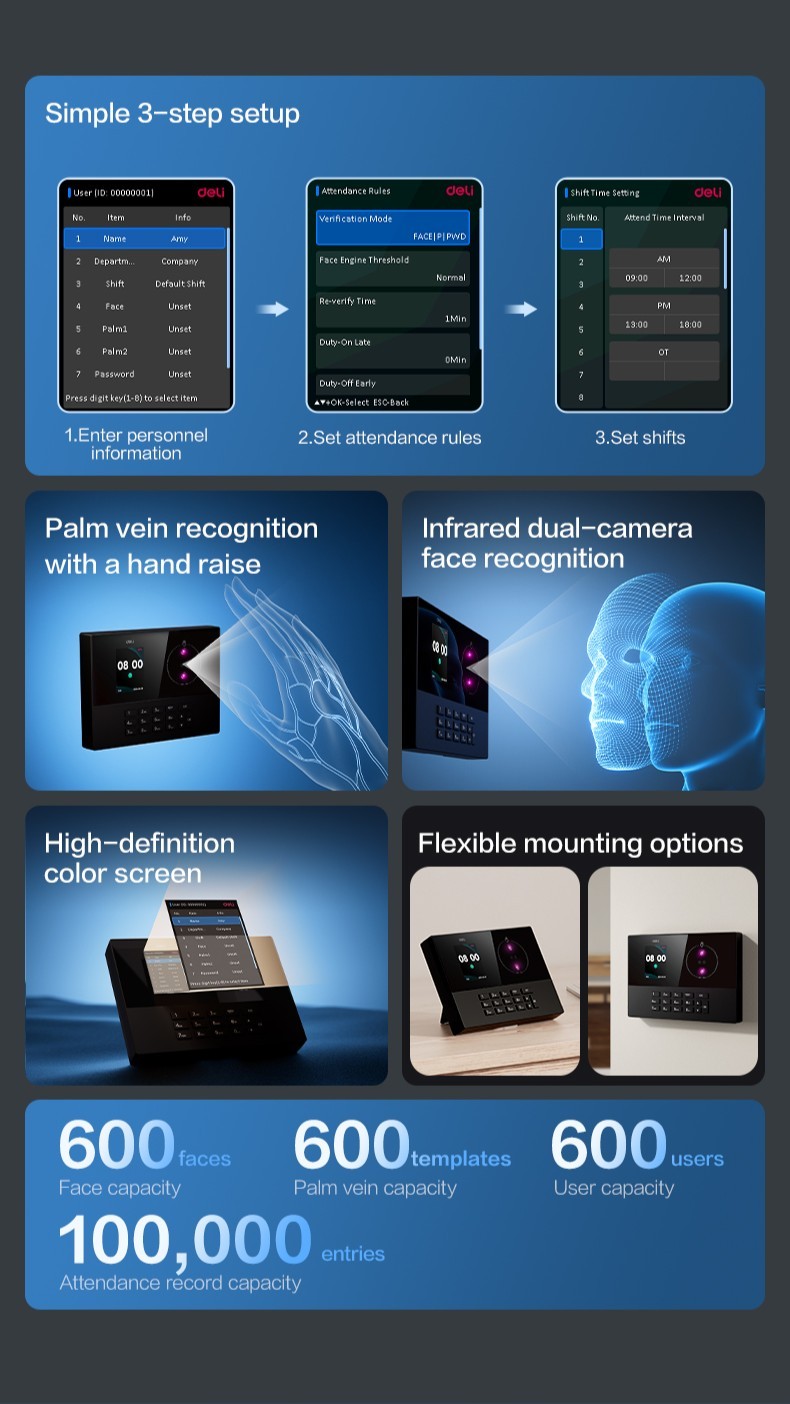 Deli Smart Employee Attendance Machine Palm Vein + Face Recognition ...