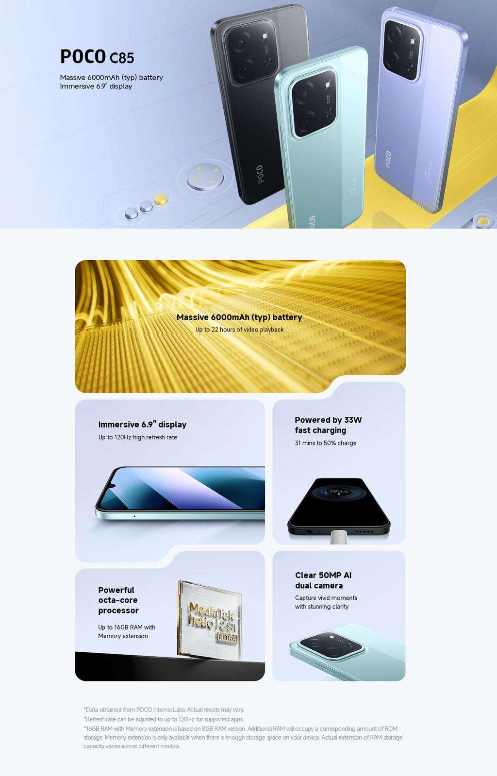 POCO C85 Smartphone 6.9" 120Hz – MediaTek G81-Ultra, 6000mAh, 50MP Camera, 6+128GB, Viola (Senza Caricabatterie)