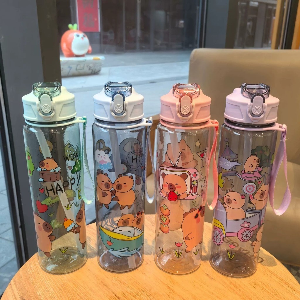 750ml Botol Air Berstraw Cute Capybara Design Straw Water Bottle 