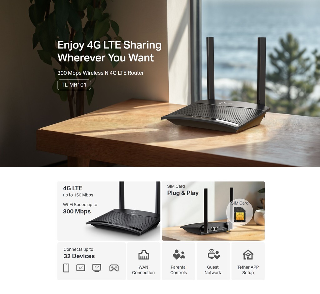 TP-Link TL-MR101 Sim Card Router 300 Mbps Wireless N 4G LTE Router ...