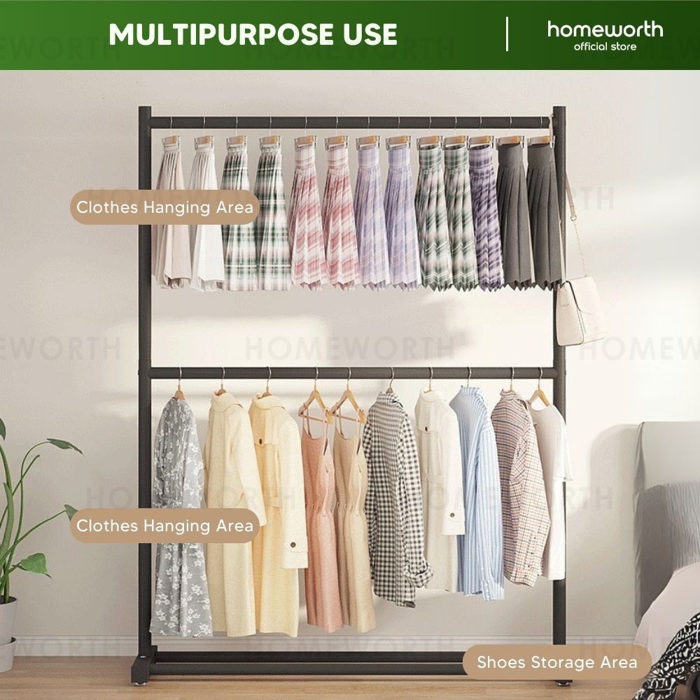 HOMEWORTH Double Layer Clothes Rack Rak Baju Dua Tingkat Besi Standing ...