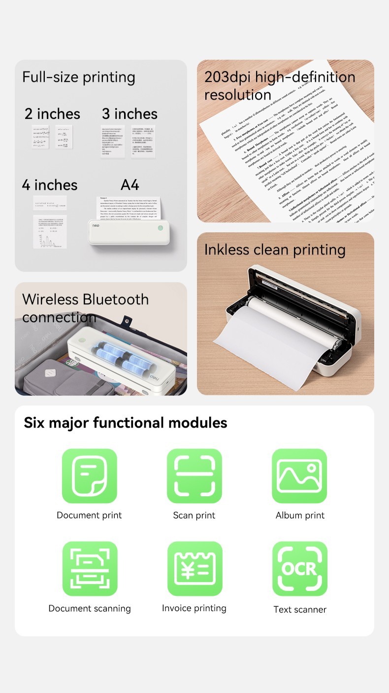 Deli Wireless Bluetooth A4 Portable Thermal Printer Inkless 203dpi ...