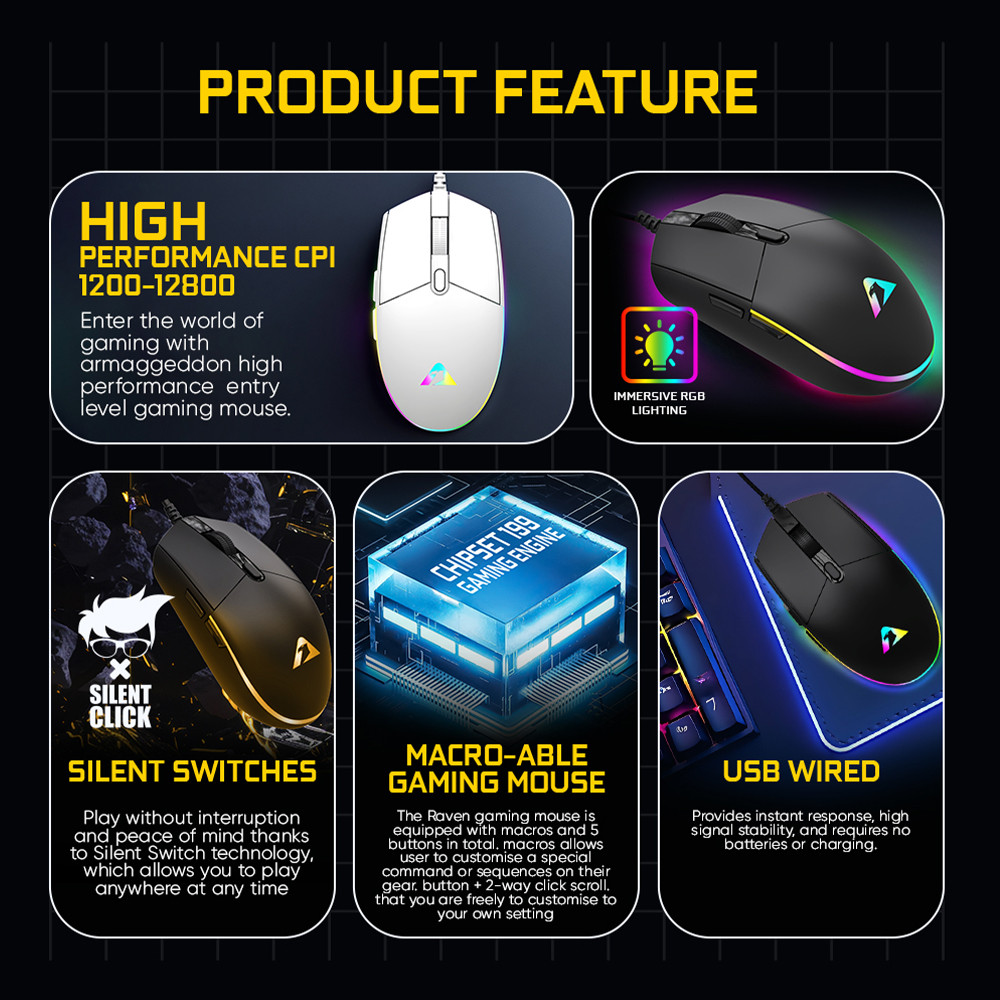 Armaggeddon Raven 3 Sigma Stealth Wired RGB Silent Gaming Mouse | 12800 ...