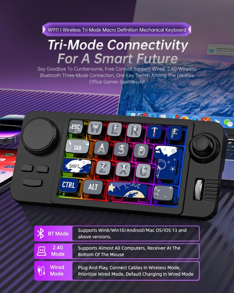 MKESPN W911 Mini Mechanical Keyboard Tri Mode RGB Macro Programming Hot ...